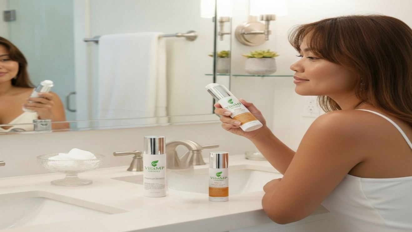 Woman in a bathroom holding skincare products, with a mirror reflecting her image.